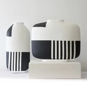 Minimalism Hand Paint White Black Stripe Grid Ceramic Flower Vase For Showroom Decor thumbnail-1