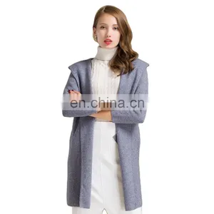 Casual Vintage Women's Winter Coat Custom Knitted Pure Cashmere Cardigan With Hood Winter Sweater thumbnail-1