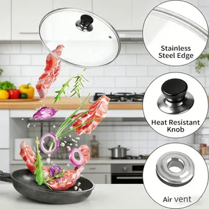 Eco Friendly Tempered Glass Pot Cover OEM ODM Heat Resistant Universal Kitchen Cookware Lid With Stainless Steel Edge thumbnail-2