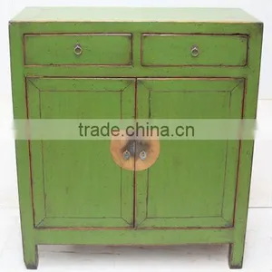 Chinese Antique Green Wooden Bedside Cabinet thumbnail-1