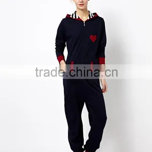 Ladies Petite Embroidered With Contrast Color Cuff Onesie Pajamas With Hood thumbnail-4