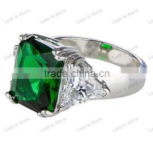 Men's Three Stone Emerald and Trillion Cut Green CZ Silver Gay Men Ring thumbnail-2