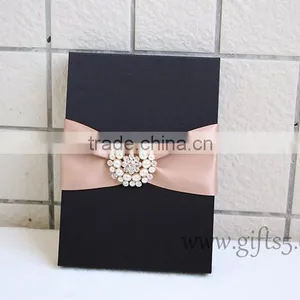 Black Color Silk Wedding Invitation Box With Crown Brooch Embellishment thumbnail-2