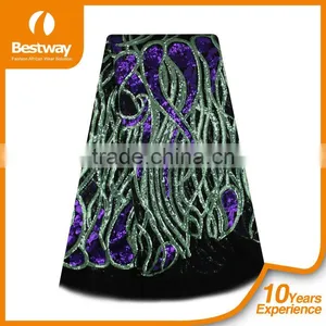 Bestwaytex FL0049 In Royal Blue Color French Cord Lace Silk Chiffon Fabric With Shiny Sequins thumbnail-2