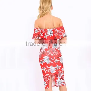 Best Sell Women Clothing off the Shoulder Floral Bodycon Midi Dresses thumbnail-3