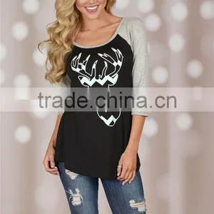 European and American Style Women's Christmas Theme Raglan 3/4 Sleeve Curved/rounded Hem t Shirt thumbnail-6