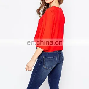 Cropped Cut Womens Clothing 2016 Long Sleeve Deep v Neck Red Blouses for Women thumbnail-3