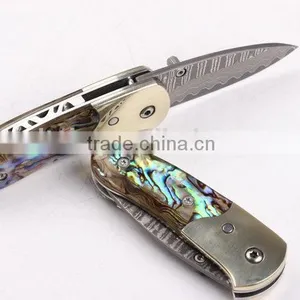 OEM Damascus Small Abalone Pure Copper Folding Knife thumbnail-3