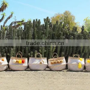 Pompom Beach Bag/Pompom Bag, White Zigzag Belly Basket With Pompom thumbnail-4