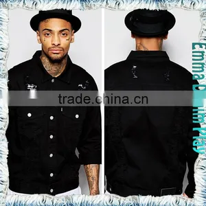 Hot Design Men Fashion Broken Holes Washed Long Sleeves Black Denim Jackets thumbnail-2