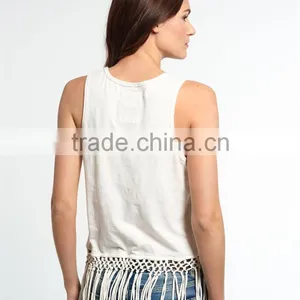 2016 Guangzhou Shandao Fashion Design Summer Casual Sleeveless Tassels Bottom Round Neck White Cotton New Style Top For Girls thumbnail-5