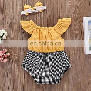 Hot Sale Wholesale Baby Clothes Yellow Plaid Lace Ruffle Baby Romper thumbnail-2