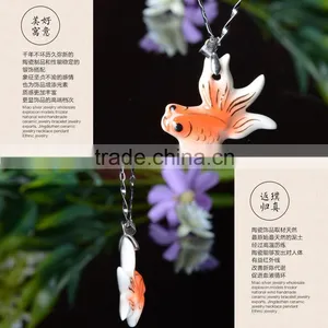 Enamel Famille Rose Porcelain Glazed Hand Draw Fish Shape Pendant Necklace thumbnail-5