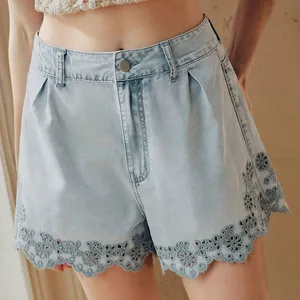 Romantic Lace Trim Embroidery Denim Shorts Women's Ruffle Hem Casual Shorts Vintage Light Wash Summer Wholesale thumbnail-4