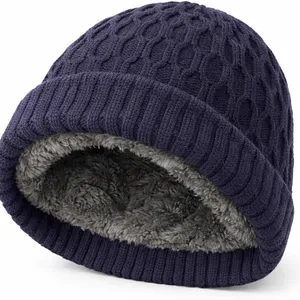 Fleece Lined Cable Knit Cuffed Beanie Warm Winter Thermal Skull Cap Soft Thick Windproof Outdoor Hat Custom Logo Wholesale thumbnail-3