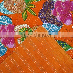 Floral Print Decorative Kantha Stitch Quilt Pure Cotton Reversible Bedspread Orange Gudri Queen Size Bedspread thumbnail-4