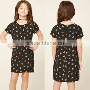 Wholesale Children's Boutique Clothing Girls Allover Floral Print Shift O-Neck Short Sleeves Knit Latest Dress Designs thumbnail-1