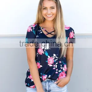 Customize t Shirt Cheap Criss Cross Fancy Floral Tunic Tops thumbnail-4