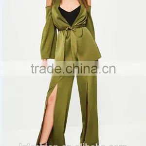 Picture of Office Ladies Cold Shoulder Tie Waist Satin Blazer Green Two Piece Sets for Office Ladies thumbnail-2