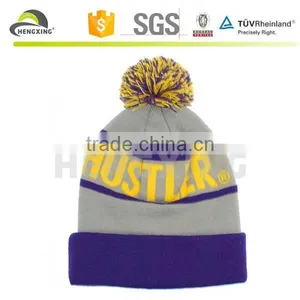 Gray And Purpule Canada Text Custom Knitted Pom Beanie Hat thumbnail-3