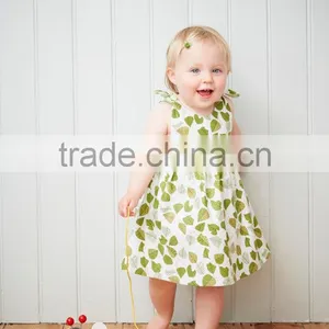 New Fashion 100% Cotton Material Pattern Girls Print Green Leaves Dress thumbnail-1