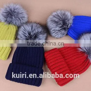 Hot Selling Beanie Hat With Snap and Big Size Silver Fox Fur Ball on Top thumbnail-6