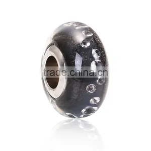Lampwork Glass & Cubic Zirconia European Style Large Hole Charm Beads Round Black Clear W/ Stainless Steel Silver Tone Core thumbnail-1