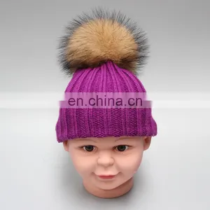Fashion Striped Pattern Fur Pompom Hat Knitted Kids Bobble Hats for Winter Warm thumbnail-2