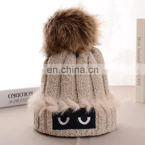 Crochet Stripped Hats Cute Eyes Raccoon/fox Fur Pom Pom Hats thumbnail-2