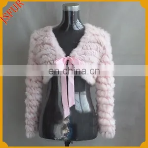 Real Rabbit Fur Knit Jacket Ribbon Bowknot Trim V-nick Long Sleeve Knitted Rabbit Fur Shawl and Cape thumbnail-4