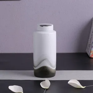 Trapezoid Cylinder White Green Ink Color Cover Small Ceramic Vase, Office Home Furnishing thumbnail-2