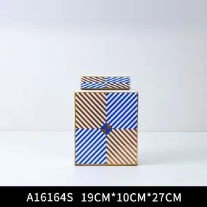 European Simple Style Blue Square Sheet Painting Cube Ceramic Flowers Vases With Lid For Study thumbnail-5