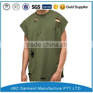 Customized t Shirt With Distressing and Curved Hem in Green thumbnail-1