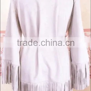 2016 Long Fashion pu Leather Suede Jacket Frigne on the Hem and Sleeves thumbnail-4
