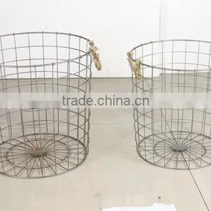 Antique Country Style Metal Wire Baskets With Hemp Rope Handle thumbnail-1