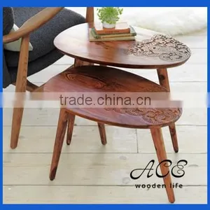 Vintage Solid Wooden Tea Table CNC Carved Pattern Nest End Table thumbnail-1