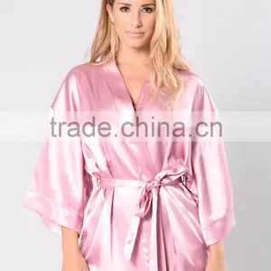 Night Wear Sexy Open Front Mid-Length Kimono Sleeves Waist Tie Satin Robes Women Silk thumbnail-2
