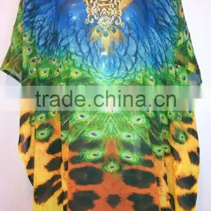 Peacock Print Embellished Kaftan CAFTAN Tunic Poncho Blouse thumbnail-1