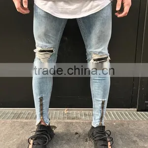 Hotsale High Quanlity New Style Jeans Pent Men Blue Distressed Leather Biker Jeans With Zipper for Men Wholesale China thumbnail-4