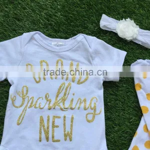 Baby Girls Boutique Clothing Infant Girl Kids Clothes White Gold Dot Brand Romper With Matching Headband and Legwarmer Set thumbnail-3