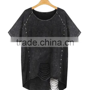 Women's Hollowed-out Short Sleeve Washed Vintage 100% Cotton t Shirt With Rivets thumbnail-1