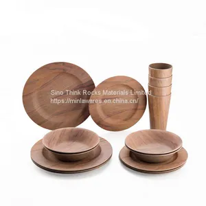Factory Direct Price 16pcs Wooden Grain Melamine Dinnerware Wood Plates and Bowl Set With Cups thumbnail-1
