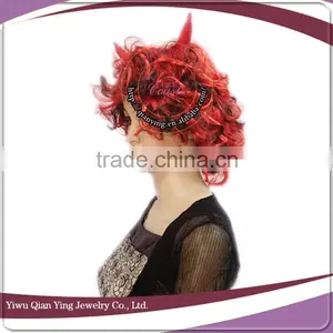 Hot Sale Short Curly Red Halloween Devil Hair Wig With ox Horn thumbnail-2