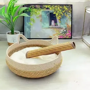 Removable Woven Cat Bed Upholstery Sleeping House Cat Scratch Floor Rattan Wear-resistant Washable Cat Cave Pet Supplies thumbnail-5