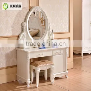 Luxury Antique European French Baroque Style Ivory White Hand Carved Wooden MDF Vanity Dressing Table Set thumbnail-1