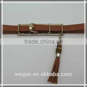 Leather Fashion Skinny Belt With Tassels and Wood for Women thumbnail-1
