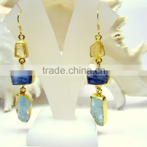 Aquamarine Citrine & Kyanite Rough Gemstones Earrings, 925 Solid Sterling Silver Earrings, Designer Vermeil Dangle Earrings thumbnail-2
