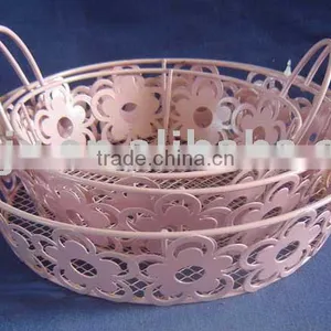 Pink Round Wire Iron Net Storage Collect Tray With Ear Handle thumbnail-1