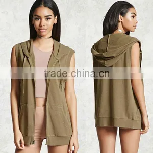 Long Fit Tie Dye Hoodie Women Drawstring Hood Ribbed Trim Heathered Sleeveless Zip Sleeveless Hoodie With Kangaroo Pocket thumbnail-1