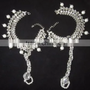Silver Crystal Pearl Payal ANKLETS Feet Bracelet Pair Barefoot Sandal thumbnail-2